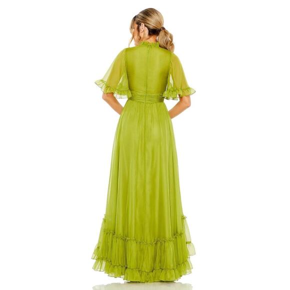 Mac Duggal #68229 Green Ruffled Mock Neck Flutter Sleeve High Low Hem Gown - Picture 5 of 11
